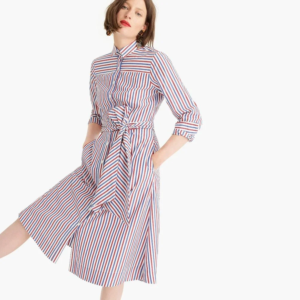 NWT Womens Size 00 J Crew Red White Blue Stripe Tie-Waist Navy Shirt Dress